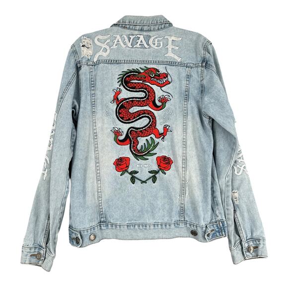 CARBON Lightwash Embroidered Dragon Roses Distressed Detail Denim Jacket Medium - Picture 2 of 7